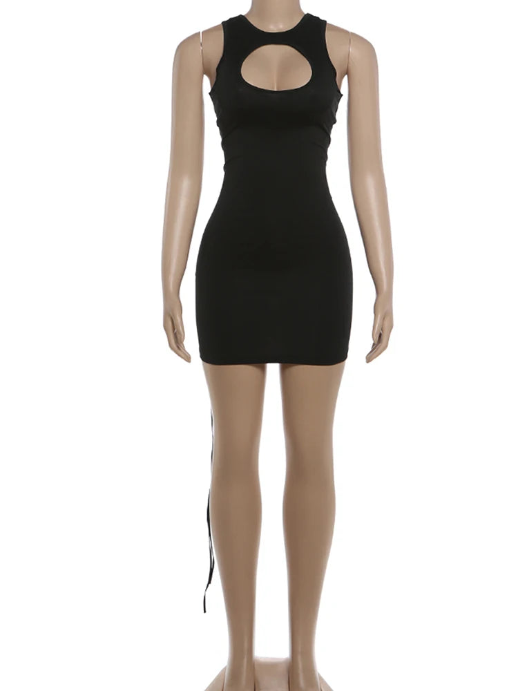 NEW Arrivals Cross Bandage Hollow Design Sexy Mini Dress Women's O-Neck Sleeveless Skinny Peach Hip Hot Girls Midnight Clubwear Evening Beach Party Sexy Mini Bodycon