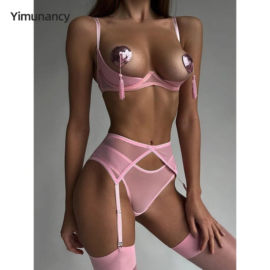 Yimunancy Tassel Lingerie Set Women 4-Piece Mesh Erotic Bra + Back Open Panty Underwear Set Sensual Intimates