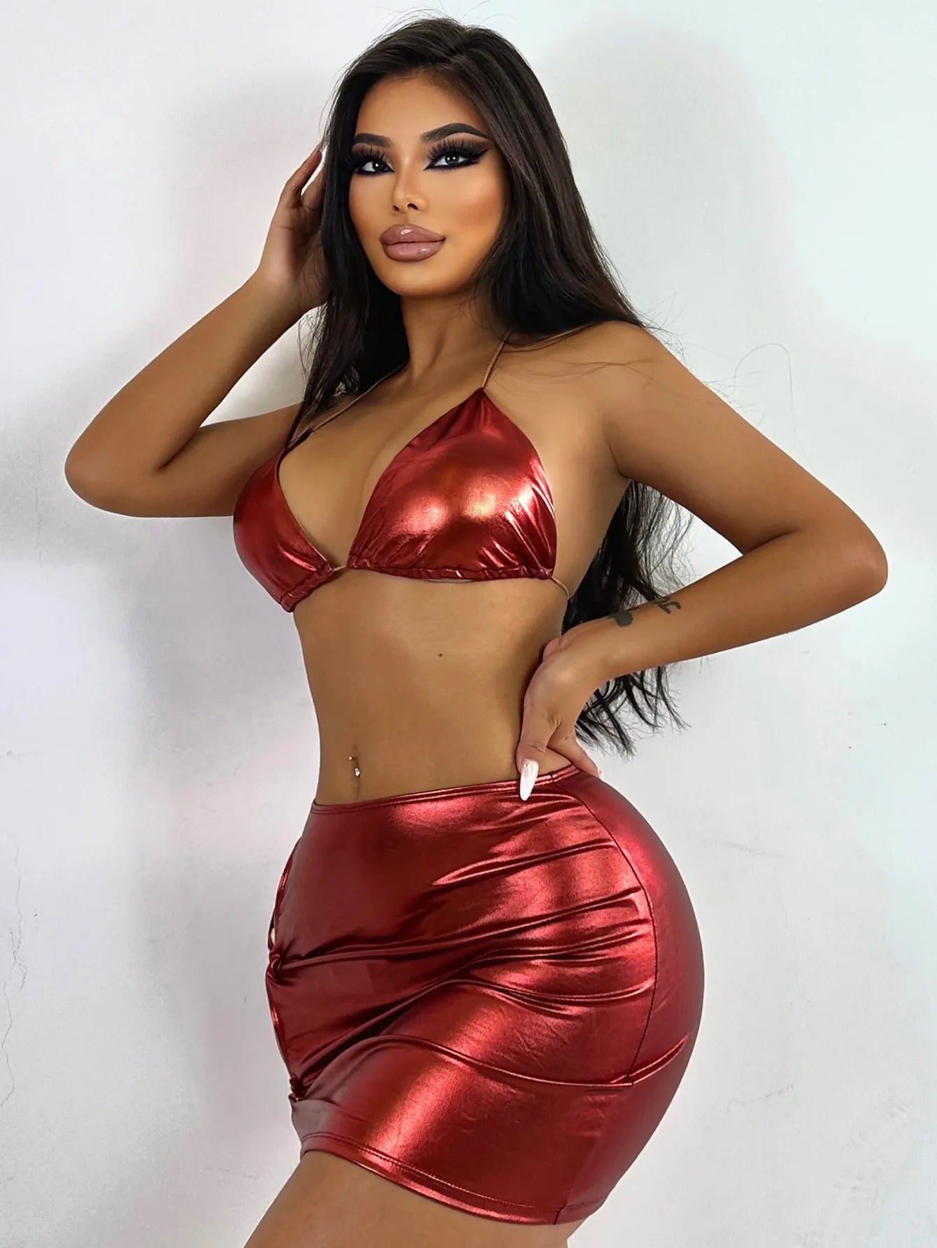 Popular European and American Swimsuit Three Piece Solid Color Hot Gold Bright Sexy Lace Up Bikini Short Skirt