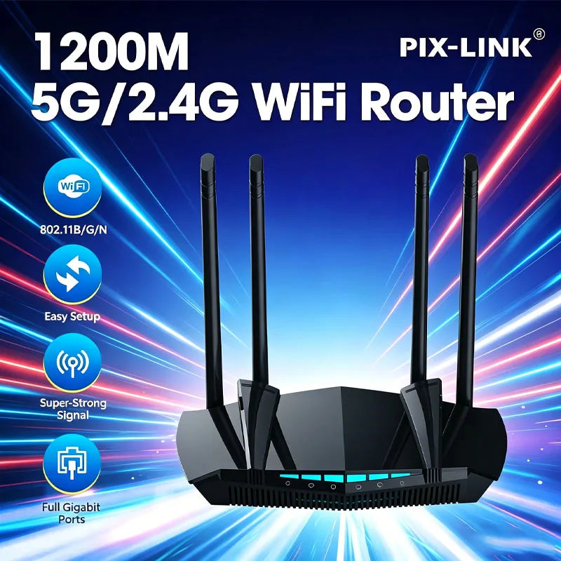 PIX-LINK AC1200 Dual Band Gigabit WiFi Router 1200Mbps 5GHz/2.4GHz MU-MIMO WPA3 4 Antennas Full Gigabit Ports Cover 300m²