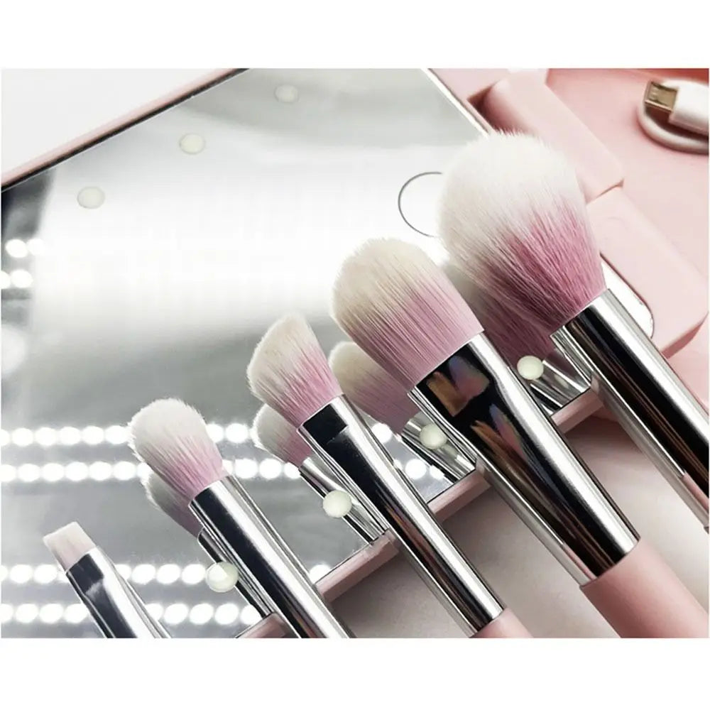 NEW Rotatable Mirror Travel Make-Up Brush with LED Light Adjustable Brightness with 5pcs Brush LED Makeup Mirror Brush Set Foldable Women Cosmetic Sets