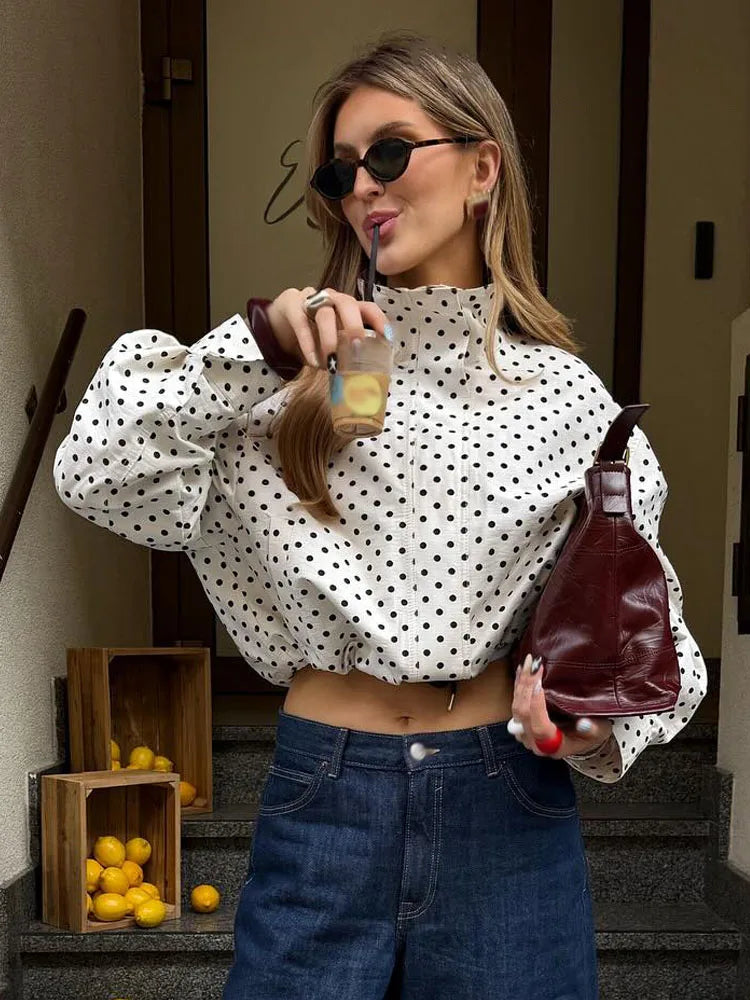 3 PCS Suit UK Size Woman Autumn Long Sleeves Turtleneck Zipper With Pockets Drawstring Casual Coats Women Fashion Polka Dot Jacket