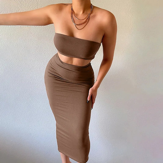 2 PCS Set  5 Colors  European Women's Summer New Fashion Bustier Top with Shrink Fit and Slimming Bodycon Clothes Party Festival Dress Set