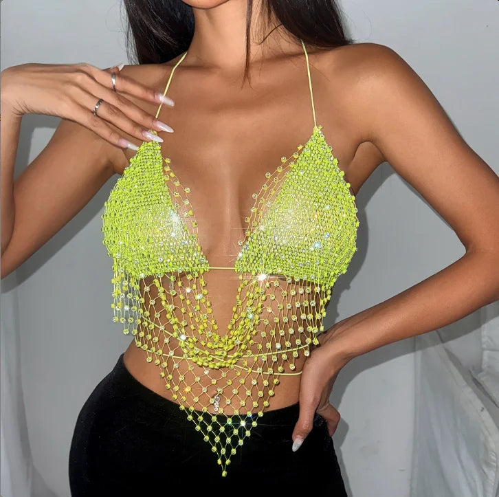 10 Colors Luxury Shiny Rhinestones Women Tank Top Sexy Hollow Out See Through Fishnet Mesh Backless Camisole Evening Rave Party Nightclub Crop Tops
