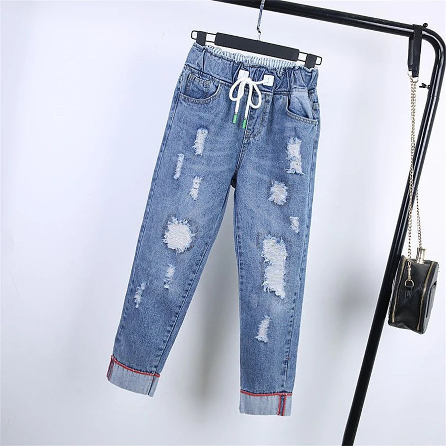 Oversized 26(40Kg) - 40-90( 110-120Kg) Ripped Jeans Ankle Length Harem Vaqueros High Waist Women's Ladies Denim Pants Trousers Streetwear Evening Party Female Girls Plus Size Casual Fashion Clothing Supplies