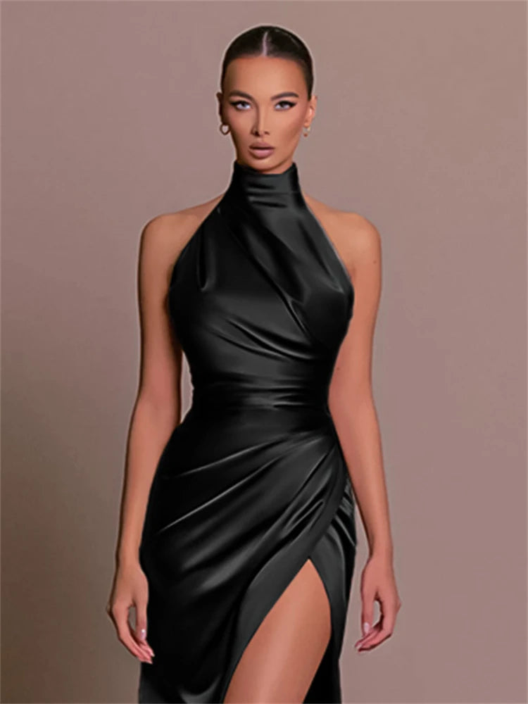 8 Colors Ladies Summer Luxury Satin Sexy Evening Wedding Guest Birthday Party Business Dinner Dresses Women Sleeveless Backless Halter Side Slit Elegant Long Dress Women Sexy Outfits Clothes