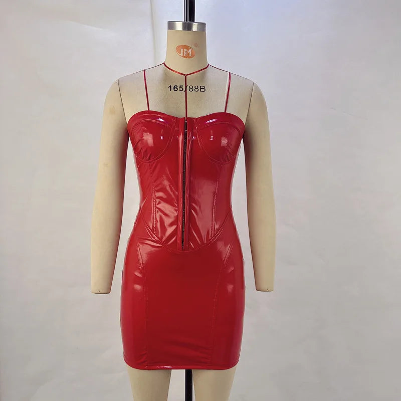 Just Arrived New Strapless Wrap Around PU Leather Mini Dress Sexy Backless Waist Cinched One Shoulder Street Style Short Skirt for Women Evening Party Night Clubwear Prom Clothes