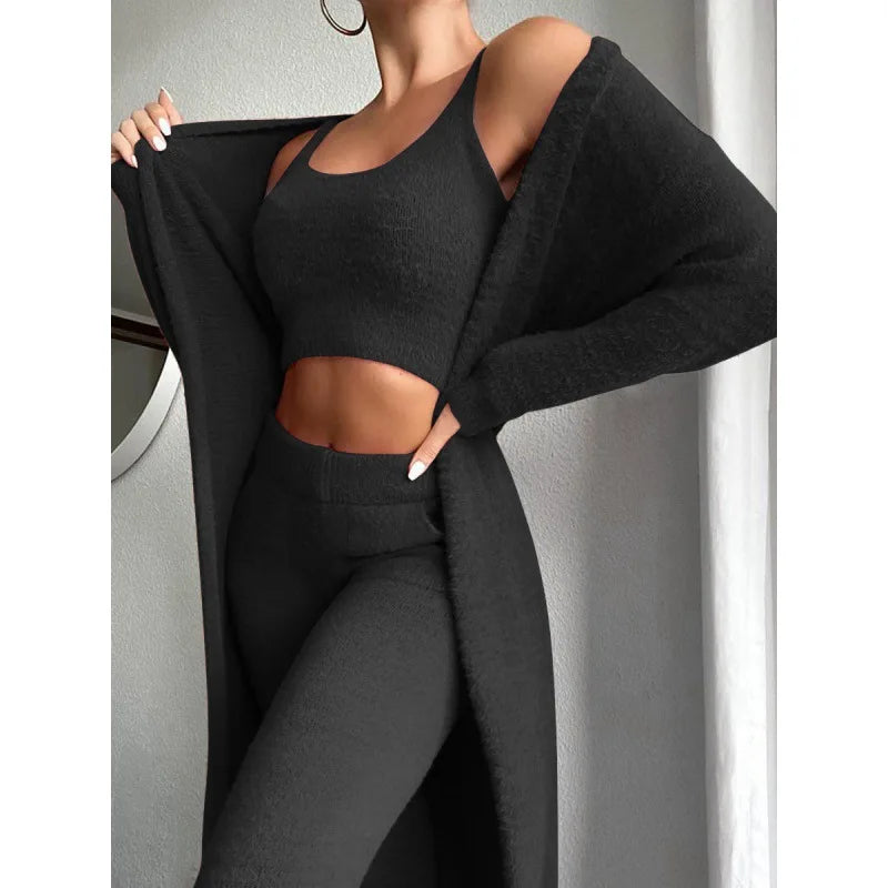 NEW Arrivals 3PCS Set 5 Colors Autumn Winter Knitted Plush Comfortable Women's Suit Sexy V-Neck Short Crop Top Cardigan Sweater Trousers/Tops/Jacket Ladies Girls Home Wear Apparel Supplies