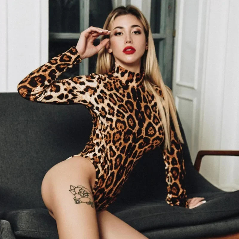 NEW Arrivals UK Size Sexy Leopard Bodycon Bodysuits Spring Women Long Sleeve Mock Neck Skinny Body Suit Shorts  Evening Night Club Party Jumpsuit
