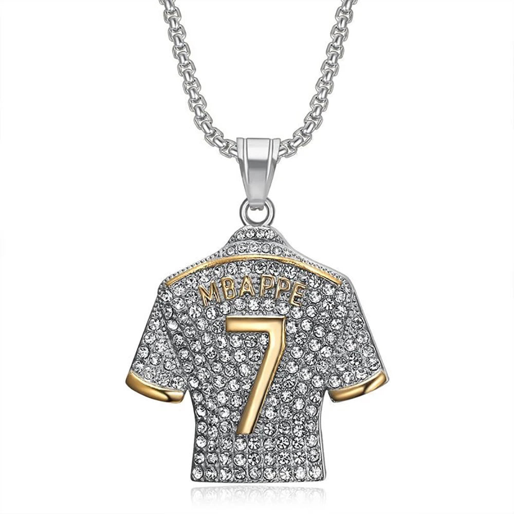 Fashion Football Jersey Messi Cristiano Ronaldo Neymar Mbappé Harland Rhinestone Necklaces + 60cm Gold Chain Men Stainless Steel Soccer Fans Hip Hop Jewelry Accessories