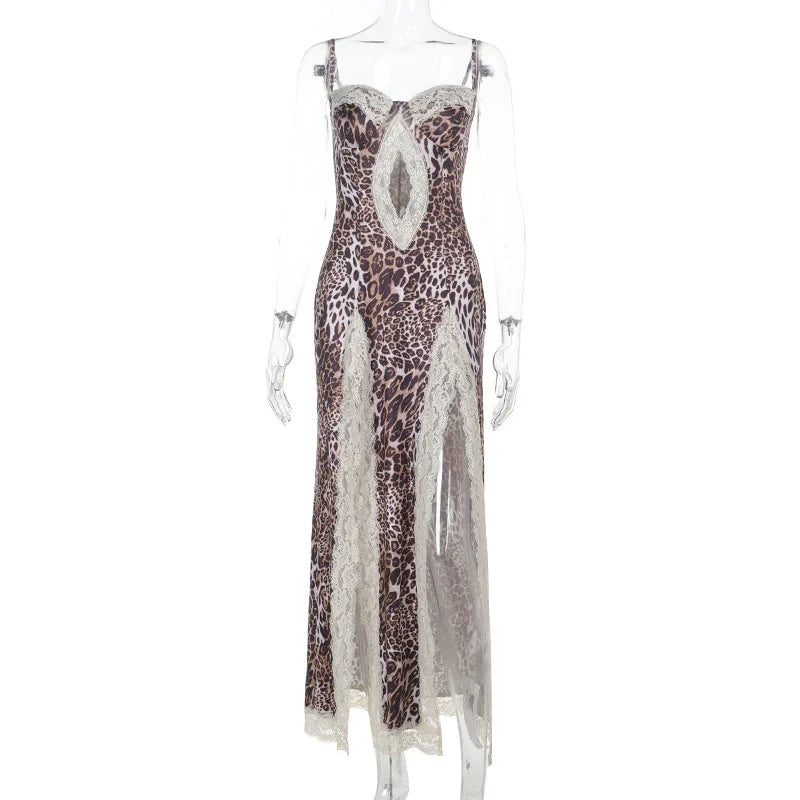UK Size Sexy Leopard Lace Patchwork Evening Party Dress Women's Summer Night Beach Party  Sleeveless Hollow Out Split Long Gowns Female Evening Prom Dresses