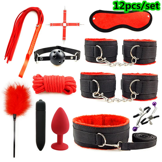 7/10/12 PCS Set  BDSM Bondage Set Adult SM Sex Products Sex Toys Kits For Adults Games Handcuffs Whip Vibrator Anal Plug Mouth Gag Erotic Couples Adults Sex Toys Accessories
