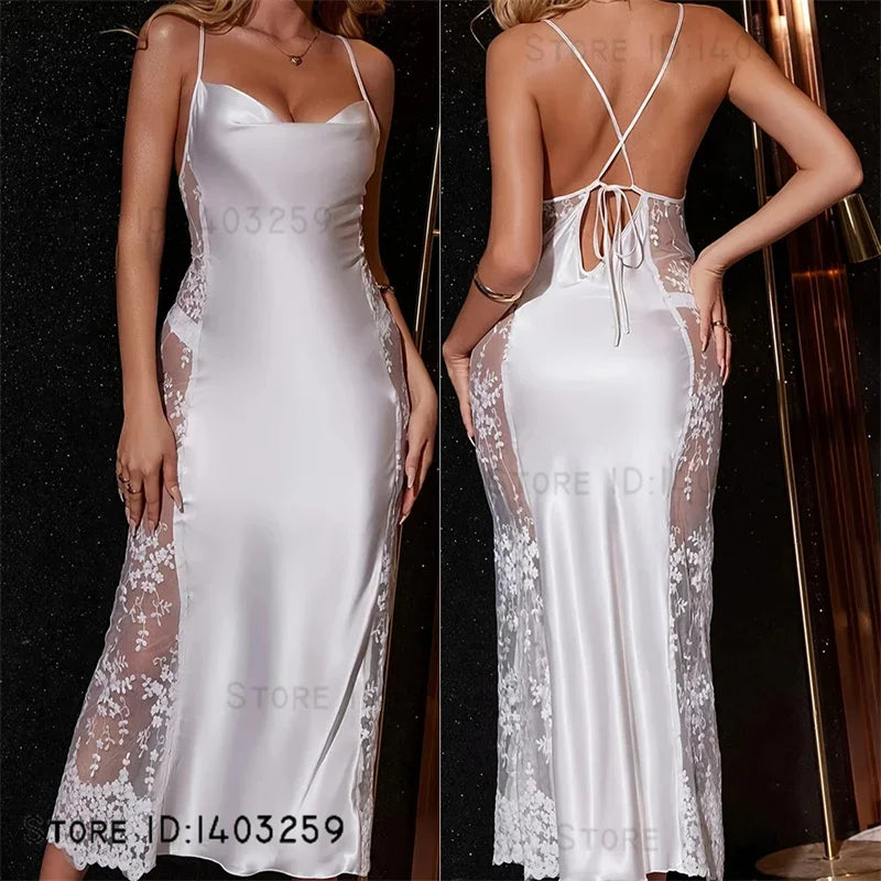 NEW Female White Long Nightgown Chemise Sleepwear Sexy Perspective Lace Nightdress Lingerie Summer New Satin Nightie Home Wear Loungewear