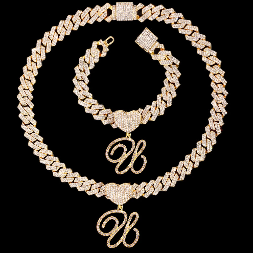 2 PCS Set New Fashion A-Z Initial Cursive Letter Luxury Rhinestones Pendant Cuban Necklace for Women Iced Out Cuban Link Chain Necklace Set Jewelry
