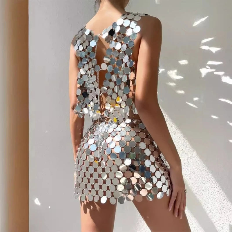 NEW Arrivals Sparkling Silver Sequins Backless Crop Tanks Top with Waist Chain Skirt Set Beach Festival Body Jewelry Outfit for Women Girls