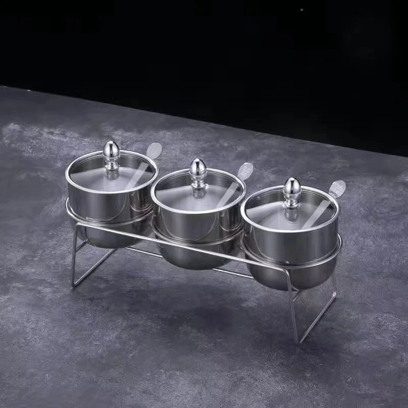 NEW Arrivals 2/3/4 Sets Luxury Golden 304 Seasoning Box Bottle Glass Pot Cap with Spoon Flavoring, Holder Rack Tank Sauce Spice Jar Salt Soy Storage Box Kitchenware Preparing Cooking Tools