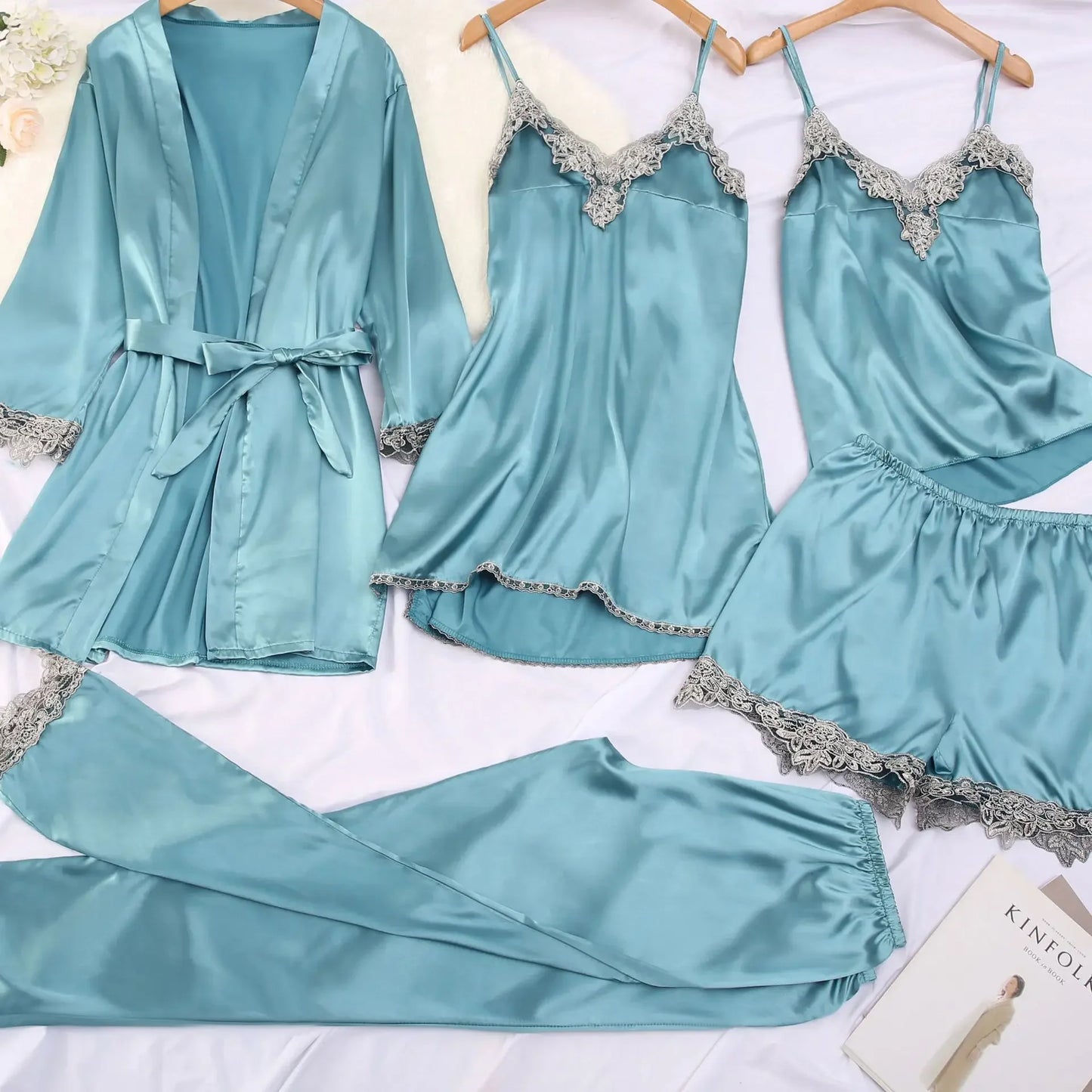 NEW Arrivals S-3XL Plus Size 5PCS Set 4 Colors Silk Feel Luxury  Pajamas Set Chubby Women's Nightgown Lingerie Sleepwear V Neck Home Clothes Fun Adult Toys And Games Ladies Sleepwear Sets