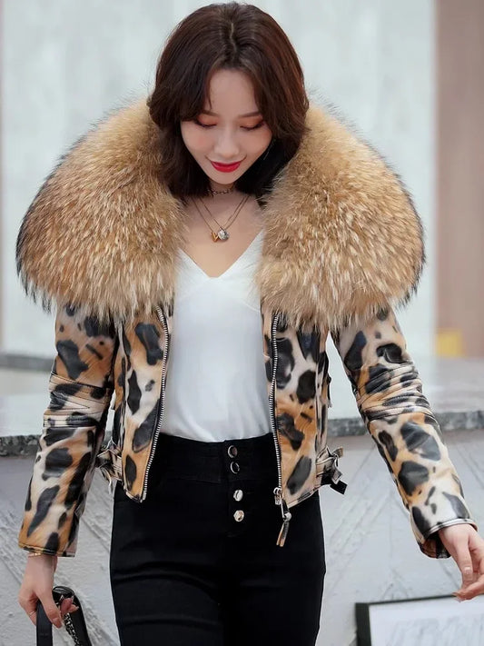 NEW Arrivals S-3XL  Real Raccoon Fur Collar Luxury Winter Women Genuine Leather Short Brand Women Sheepskin Leopard Motorcycle Jacket Big Fur Collar Slim