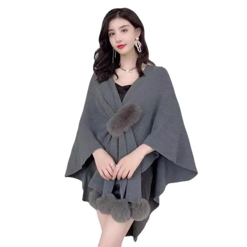 NEW Arrivals 5 Color High Quality Autumn Winter Warm Oversize Cloak Knitted Criss-Cross Poncho Capes Women Female Loose Faux Fur Ball Streetwear Cardigan Shawl Knitwear Girls Ladies Luxury Apparel Accessories Clothing Supplie