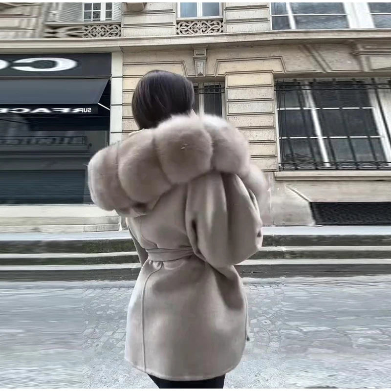 UK Size White/Gray/Brown/Black Color Hoody Mink  Fur Furry Coats Women Fashion Belt Long Sleeve Pocket Thicken Warm Jacket Autumn Winter Urban Lady Streetwear