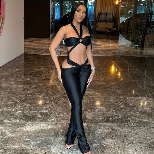 Low-Price Sales are Limited 2PCS Luxury Set Sexy Bandage Hollow Out Flare Pants Women Girls Clothes Night Club Party Evening Beach Party  Black Bikini Top- Pants Suit Outfits Streetwear Female Ladies Luxury Sexy Fashion Cloth