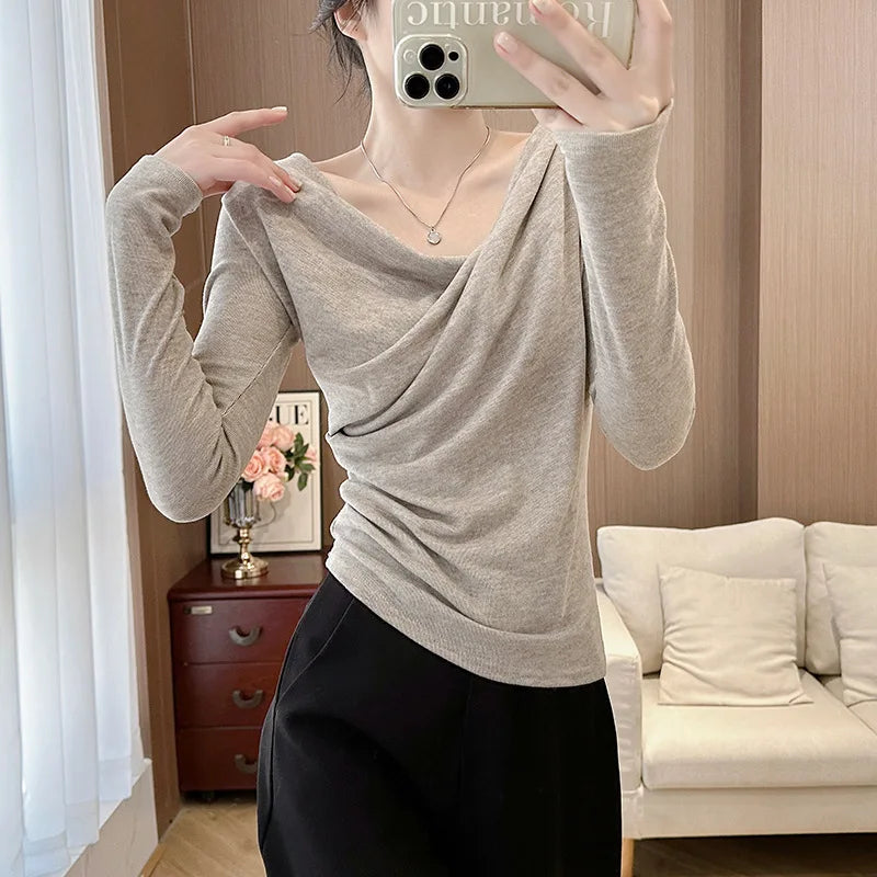 NEW Arrivals S-XL 3 Colors Popular Online Thickened Fleece Long Sleeve Women's Base Shirt Shoulder Bared Oversize Casual Fashion Trend Spring Autumn Ladies Clothes