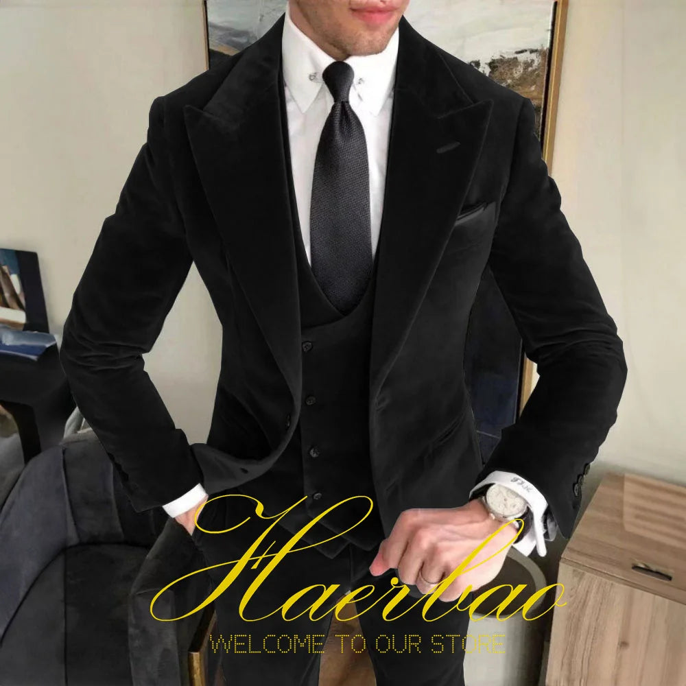 Low-Price Sales are Limited NEW Arrivals 3PCS Set S-5XL 5 Colors Suit for Men Business 100% Velvet Suit (Jacket Pants Vest) Formal Gun Lap Collar Groom Wedding Best Man Blazer Men Luxury Fashion Clothing Supplies
