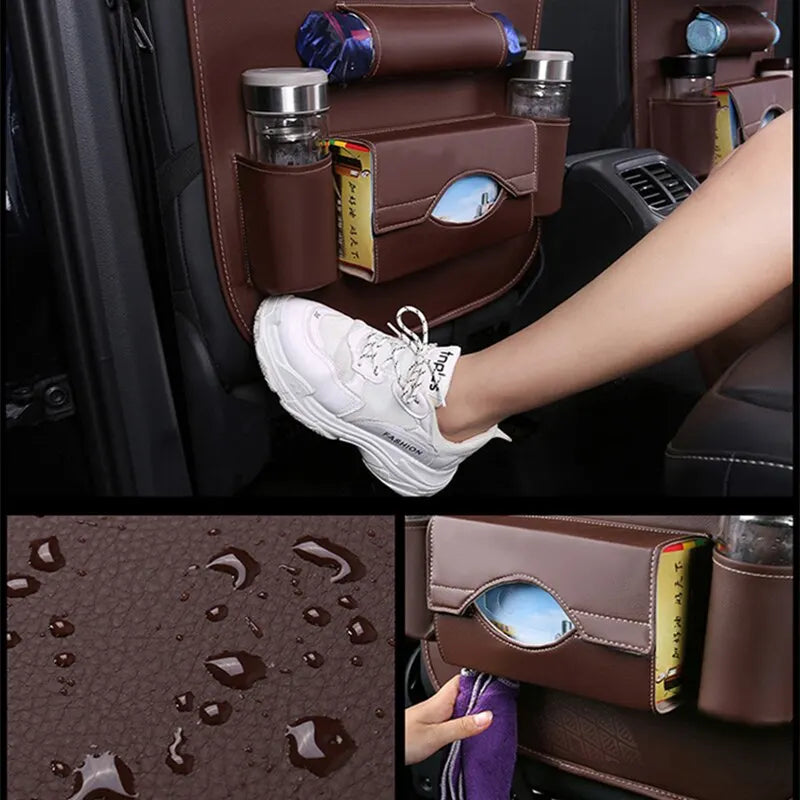 NEW!!!! Car Seat Back Organizer with Foldable Table Tray PU Leather Storage Organizer with Pockets Kick Mats Seat Interior Accessories