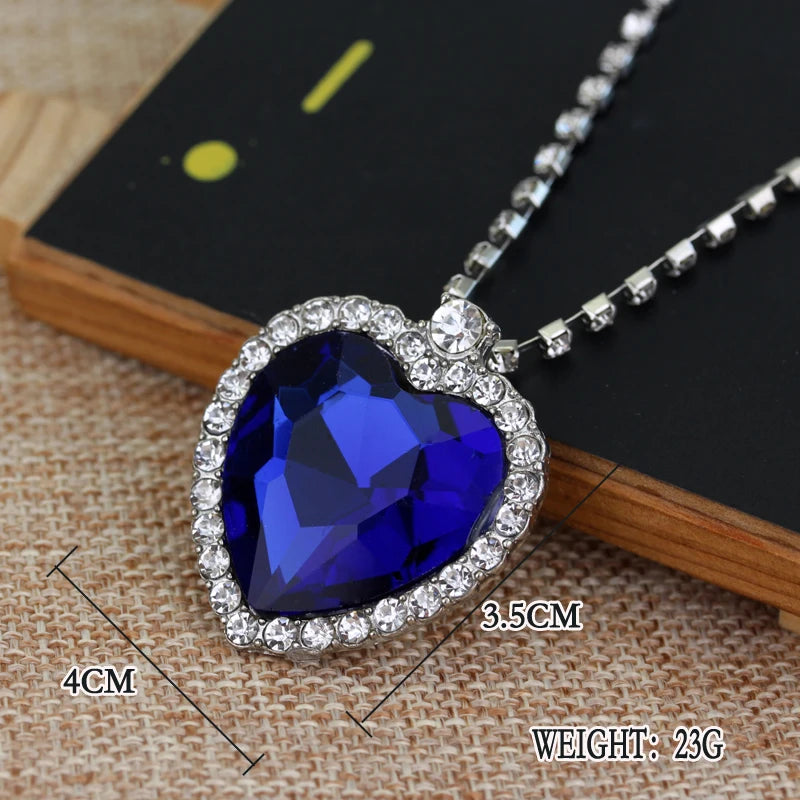 Titanic Heart Of Ocean Blue Crystal Love Heart Pendant Necklace for Women Full Rhinestone Chain Collar Lover Forever Jewelry