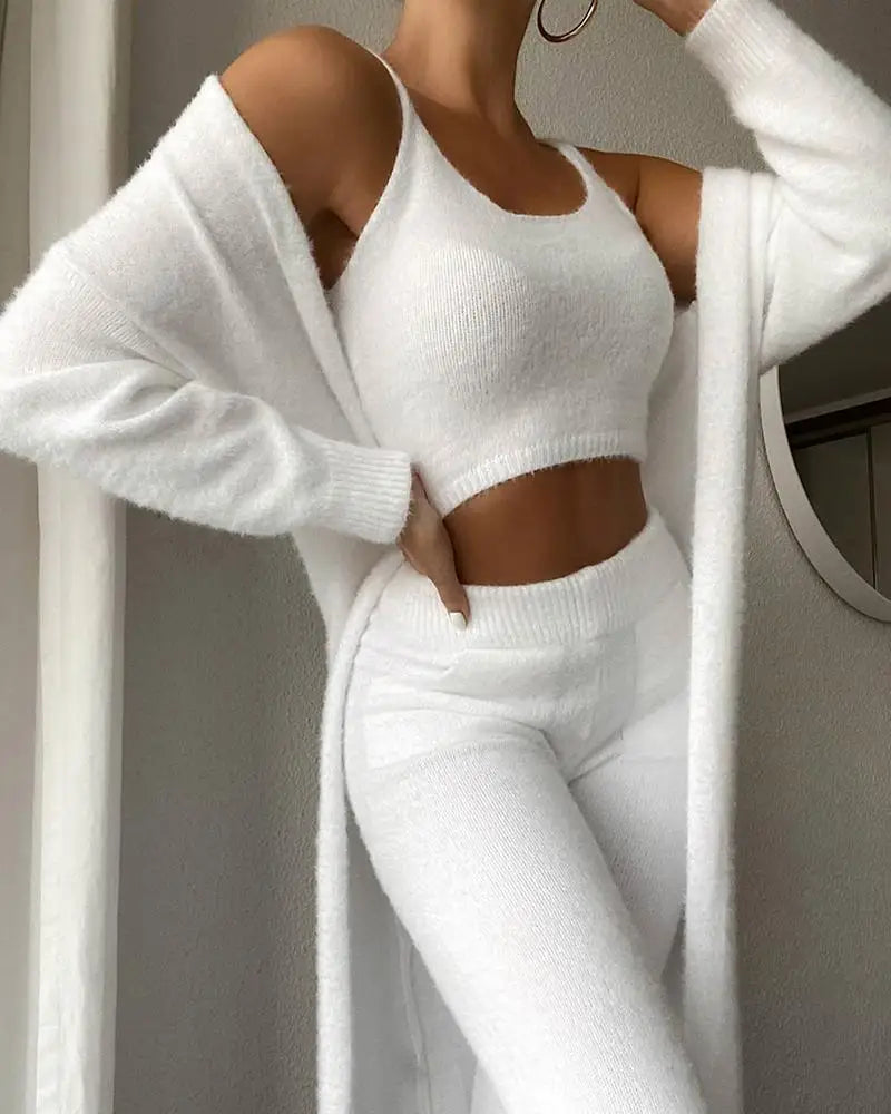 NEW Arrivals 3PCS Set 5 Colors Autumn Winter Knitted Plush Comfortable Women's Suit Sexy V-Neck Short Crop Top Cardigan Sweater Trousers/Tops/Jacket Ladies Girls Home Wear Apparel Supplies
