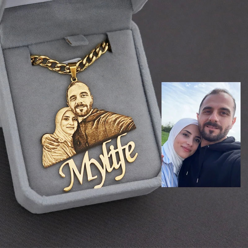 Personalized Custom Picture Nameplate Gold/Silvery 50cm Cuban Chain  Pendant Custom Photo Necklace Engraved Portrait Necklace Anniversary Birthday Wedding Gifts for  Jewelry Family Gifts