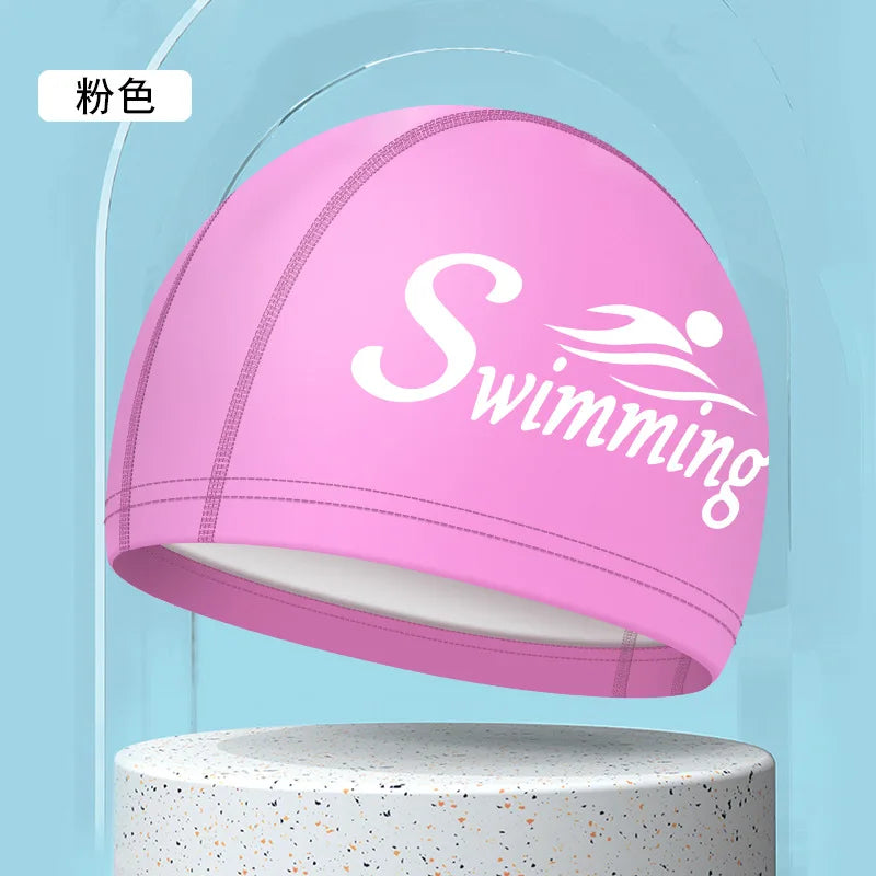 Swim Caps for Women Men Universal Large Size Long Hair Ear Protection Swimming Caps PU Waterproof Letter Printed Swimming Cap Bathing Accessories Sports Supplies