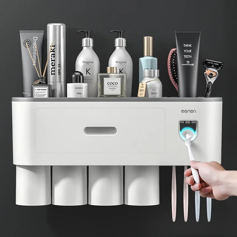 NEW Arrivals Wall-Mounted Magnetic Toothbrush Holder Automatic Toothpaste Dispenser Strong Adsorption Magnetic 5 Cups Bathroom Accessories Sets