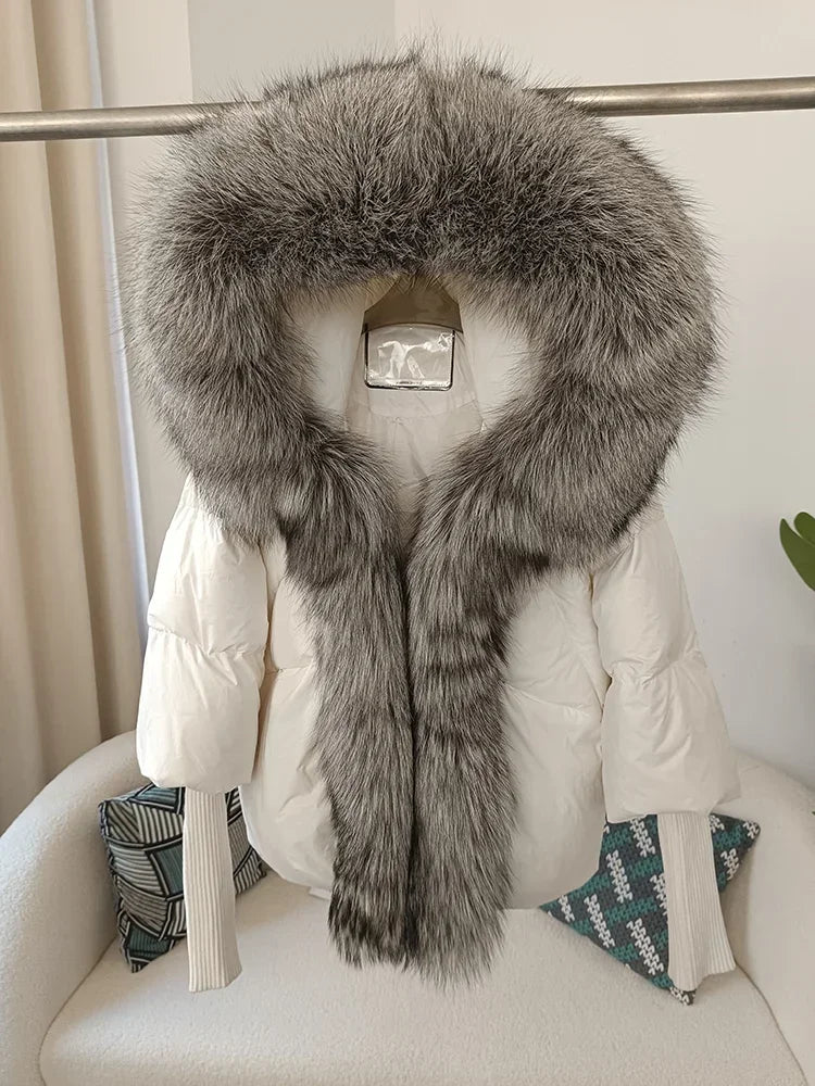 Winter Warm Snow Clothes Supplies Jacket Women Real Fox Fur Collar Hooded Natural Thick Warm Loose Oversize Duck Down Coat Streetwear Outerwear Female Girls Luxury Winter Fashion Clothing Products