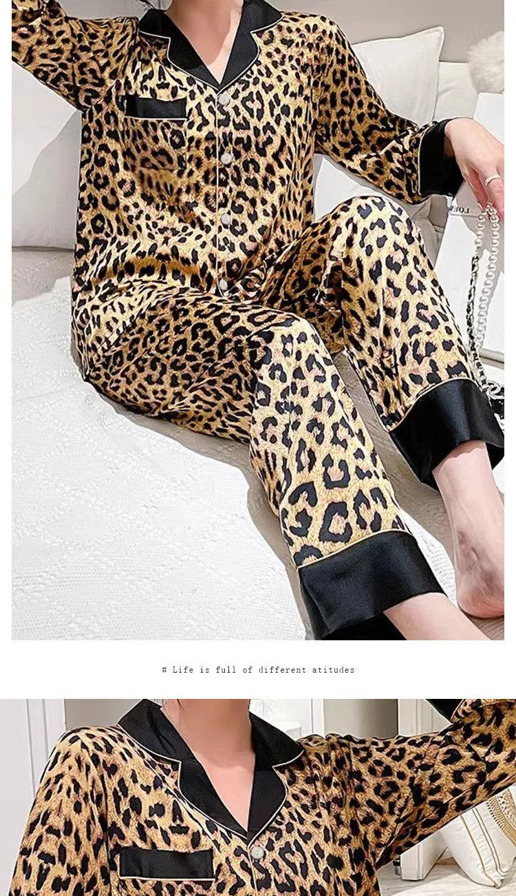 NEW Arrivals Sexy Leopard Silk Autumn Pajamas Women's Long-sleeved Suit High-End New Ice Silk Trousers Loungewear Trendy Loungewear Ladies Girls Luxury Home Wear Clothing Supplies