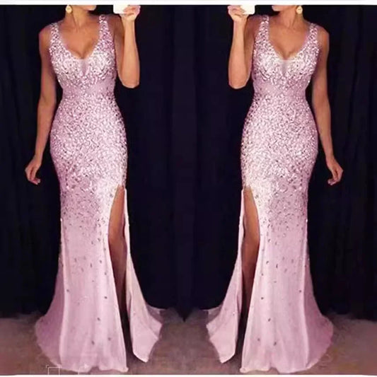 NEW Arrivals S-2XL 4 Colors  Summer Sexy Cross-Border Side Slit Gold-Embellished Long Dress Evening Party Dress Red Carpet Formal Celebrity Wedding Guest Luxury Maxi Dress