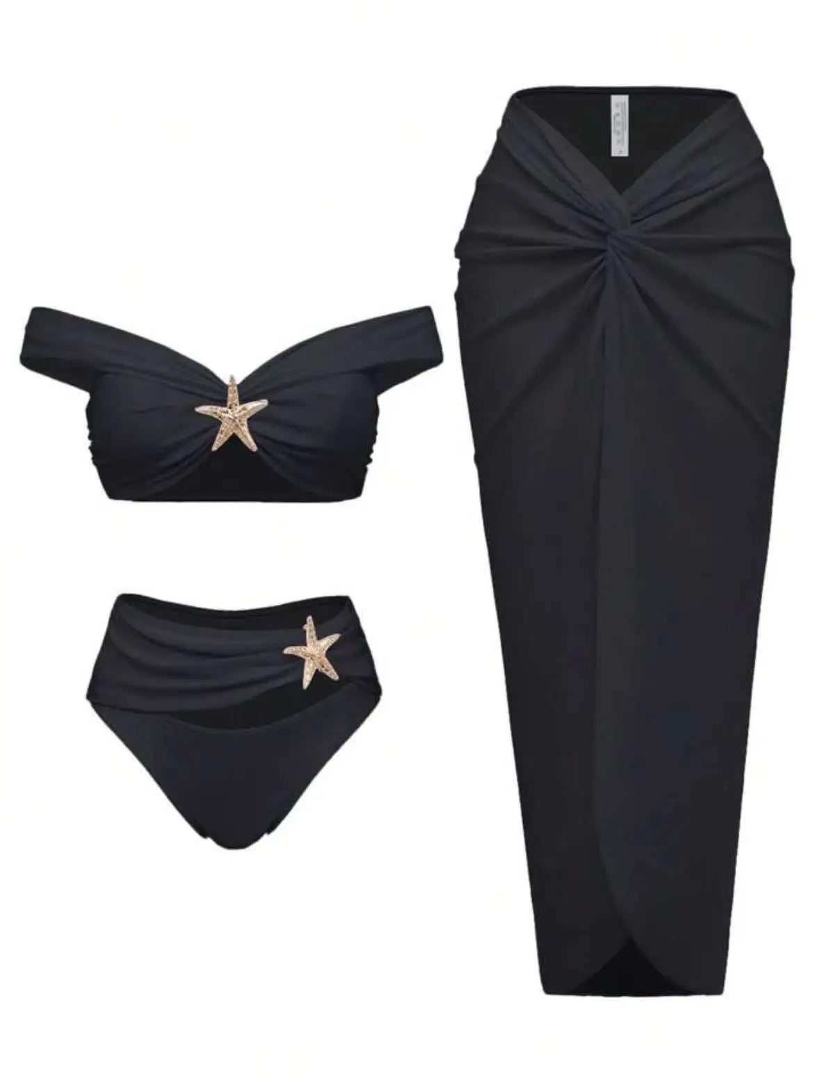 New 3PCS Set Black/White Color European and American Starfish Split Swimsuit Long Skirt Bikini Suit