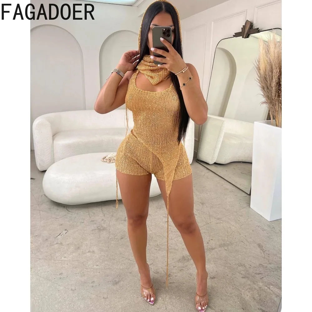 3 PCS Set S-2XL 4 Colors Sexy Y2K Hollow Sequin Irregular Outfits See Through Tracksuit Fashion Halter Lace Up Backless Top Shorts Scarf  Women Streetwear Suit