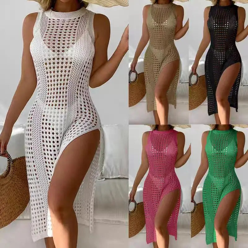 NEW Arrivals Green/Rose Red Women Sexy Hollow Out Crochet Cover Up Swimwear Sleeveless Bikini Dress Smock Split Sexy Beach Knitwear Solid Swimsuit Girls Ladies Sexy Beach Wear Dress