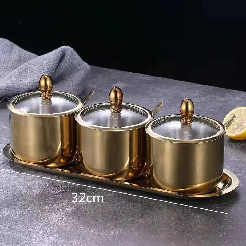 NEW Arrivals 2/3/4 Sets Luxury Golden 304 Seasoning Box Bottle Glass Pot Cap with Spoon Flavoring, Holder Rack Tank Sauce Spice Jar Salt Soy Storage Box Kitchenware Preparing Cooking Tools