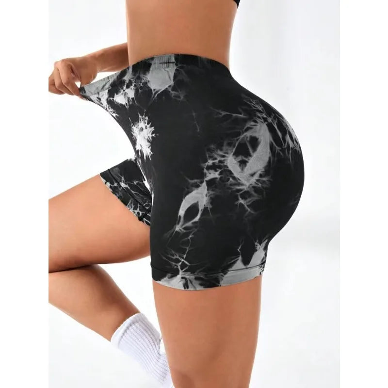 V Waist Tie Dye Yoga Shorts Women Seamless Knitting Shorts High Waist Hip Liftting Gym Trainning Running Fashion Elastic Pants