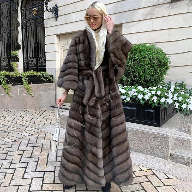 NEW Arrivals Italian Genuine Real Fox Fur Winter Warm Snow Outerwear New Straight Long Sleeve Sable Color Natural Real Fox Fur Coat Evening Party Night Business Dinner Luxury Coat Female Ladies Luxury Fashion Clothing Supplie