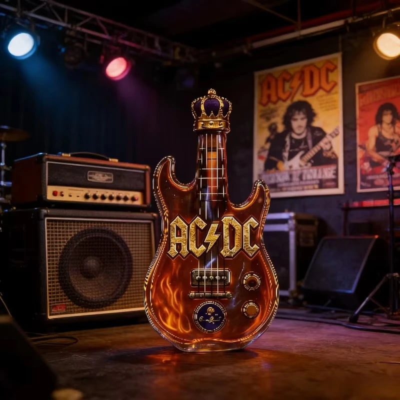 AC/DC Lovers Electric Guitar Shaped Whiskey Decanter with Crown Topper Creative Style Crystal Glass Liquor Bottle for Rock Fans Gifts Bar Pubs Night Club Drinkware Decorations Barware Accessories
