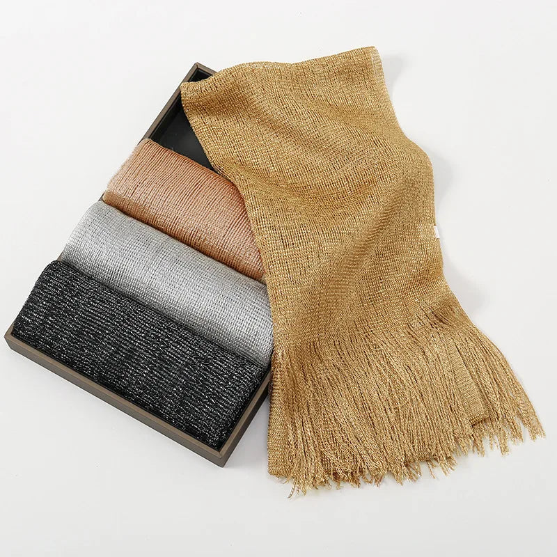 NEW Arrivals Black/Gold Fashion Bright Silk Sunscreen Shawl Hijab Gold  Shiny Scarves For Women Lace Tassel Party Evening Dress Scarf