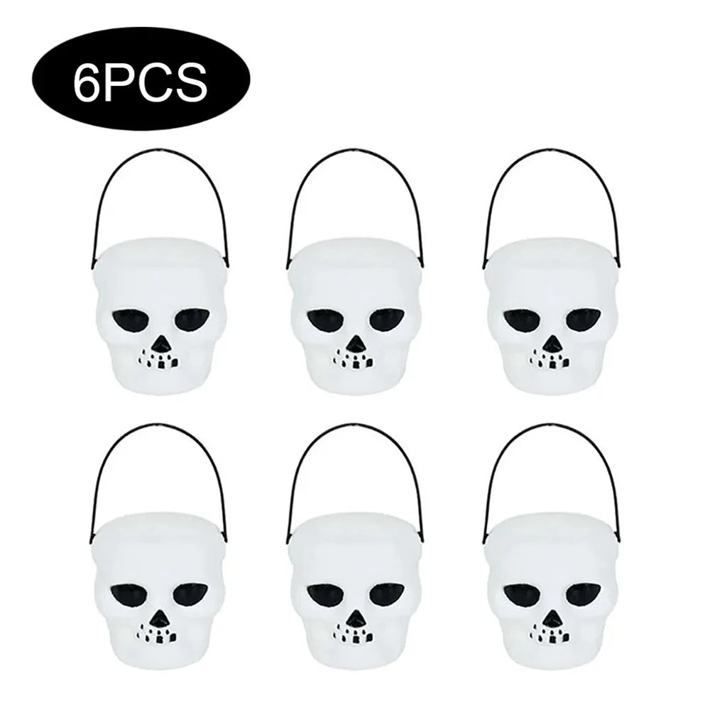 12PCS Set Halloween Scull-Jars Cauldron Decoration,Mini Black Plastic Witches Cauldron,Halloween Candy Basket,Trick Or Treat Bucket