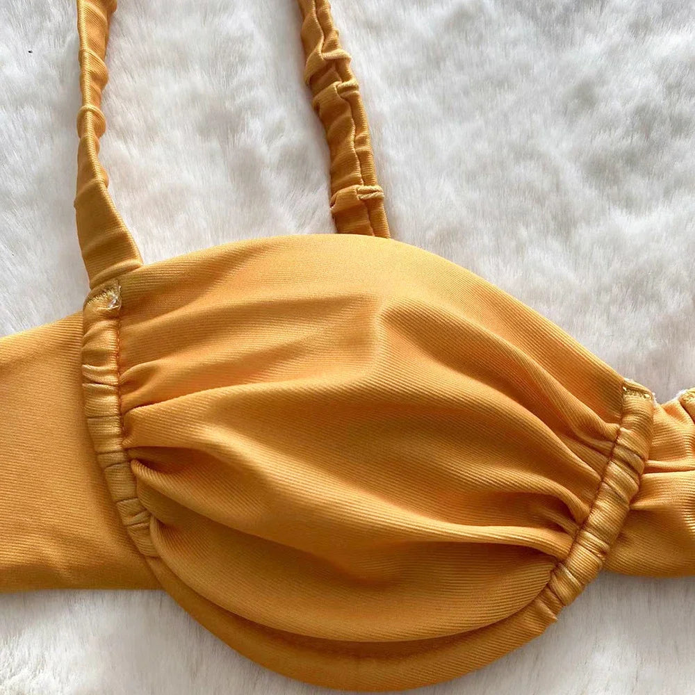 Sexy Gold Yellow Push Up Swimsuit Micro Thong Bikini Women Swimwear Underwired Bathing Swimming Suit Biquinis Bikinis Set