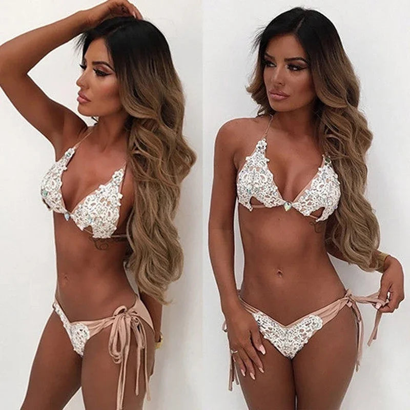 Lace Bikini Diamond Swimsuit Crystal Women Swimwear Bandage Halter Bikinis Set Brazilian Rhinestone Beachwear Push Up Bikini