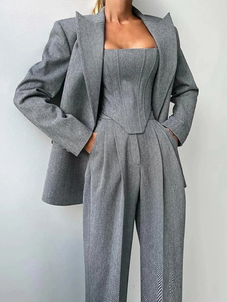 NEW Arrivals 3PCS Set UK Size Gray/Pink Color Luxury Women Top Blazer Pants Solid One Button Jacket Crop Tops High Waist Pocket Pant Evening Party Business Dinner Suit Office Lady Set