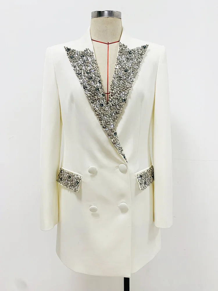 NEW Arrivals UK Large Size Black/White Color Top Quality Autumn Winter Spring Italian Luxury Fashion Beading Diamonds Blazer Women Suit Coat White Long Sleeve Double Breasted Long Blazer Office Lady Products