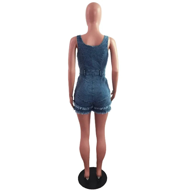 Sexy Slim Burrs Tassel Strap Jeans Jumpsuit Denim Playsuit Women  Buttons Elegance Cotton Jeans Woman Ladies Short Rompers
